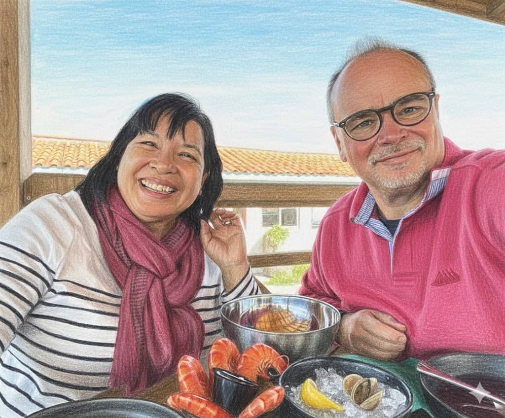 Repas gourmand en terrasse à Andernos, face au Bassin d’Arcachon, avec fruits de mer et ambiance chaleureuse, les hôtes du Château Papounan, chambres d’hôtes de charme à Saint-Estèphe dans le Médoc.