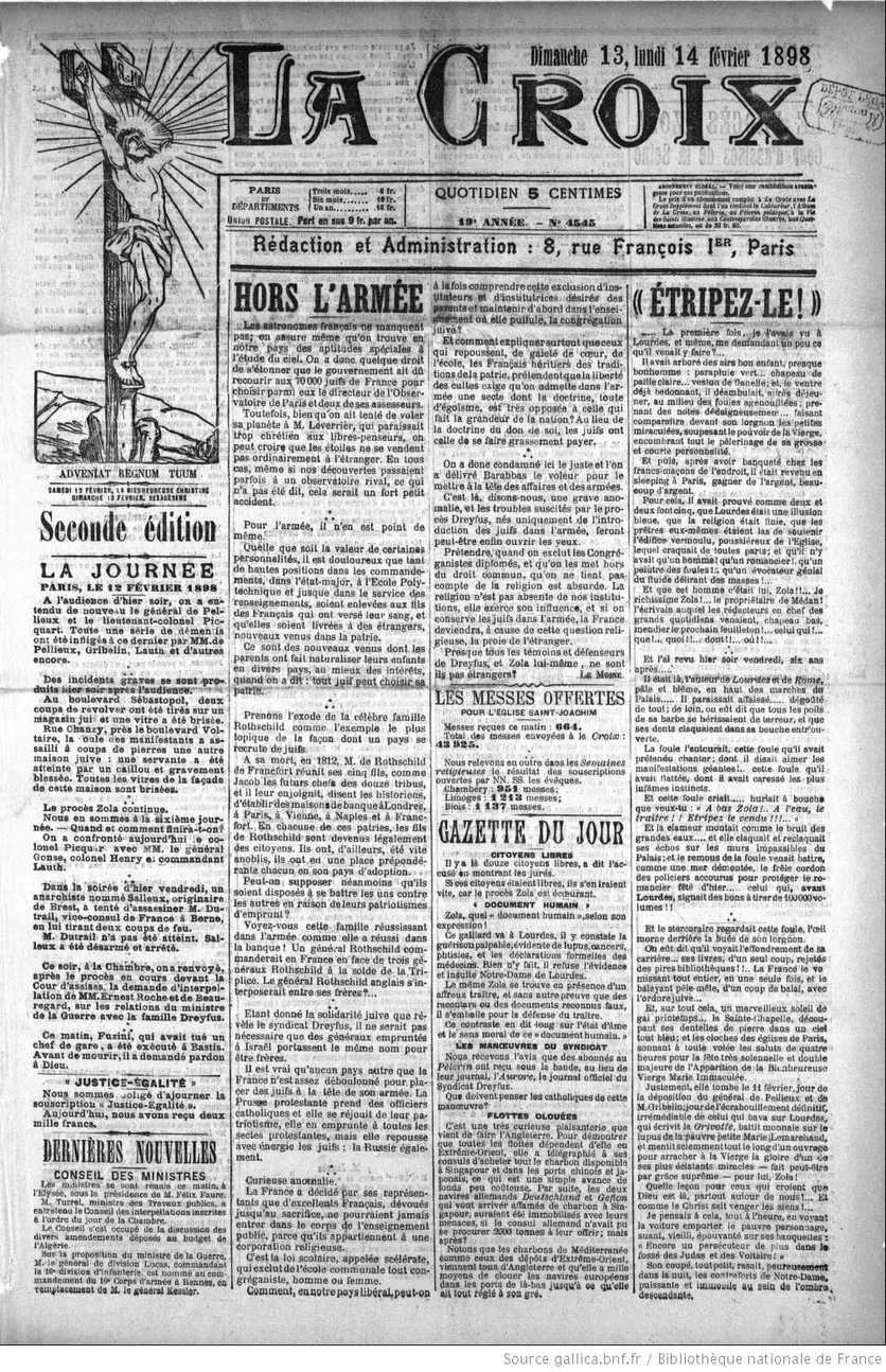 L ’éditorial de La Croix daté du 13 et 14 février 1898.