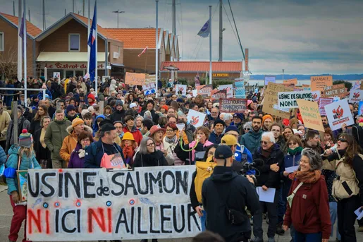 Au Verdon-sur-Mer (Gironde), le 18 janvier 2026, lors d’une manifestation contre l’implantation de l’usine Pure Salmon dans le Médoc.