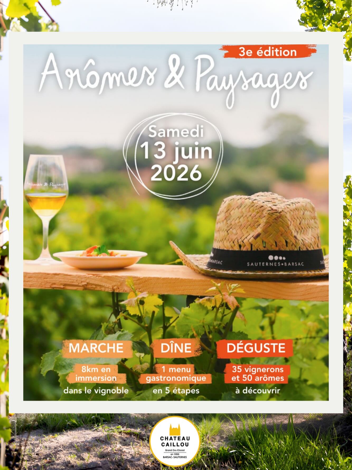 🌿🍷 ARÔMES & PAYSAGES 2026 🍷🌿 Le samedi 13 juin, partez à la découverte des paysages exceptionnels de Sauternes et Barsac lors d’une expérience unique mêlant marche au cœur des vignes, dîner gastronomique en 5 étapes et dégustations des grands vins de notre appellation. Sur un parcours de 8 km, plus de 35 vignerons partageront leur passion et leurs vins. Nous serons heureux de vous accueillir et de vous faire découvrir les vins du Château Caillou au fil de cette parenthèse gourmande et conviviale. 🎟️ Réservez dès maintenant : https://www.sauternes-barsac.com/aromes-et-paysages/ ✨ Profitez d’un code de réduction exclusif : CAILLOU À très bientôt dans les vignes ! #ChateauCaillou #AromesEtPaysages #Barsac #Sauternes #WineTourism Oenotourisme Bordeaux Vignoble Gastronomie WineLover
