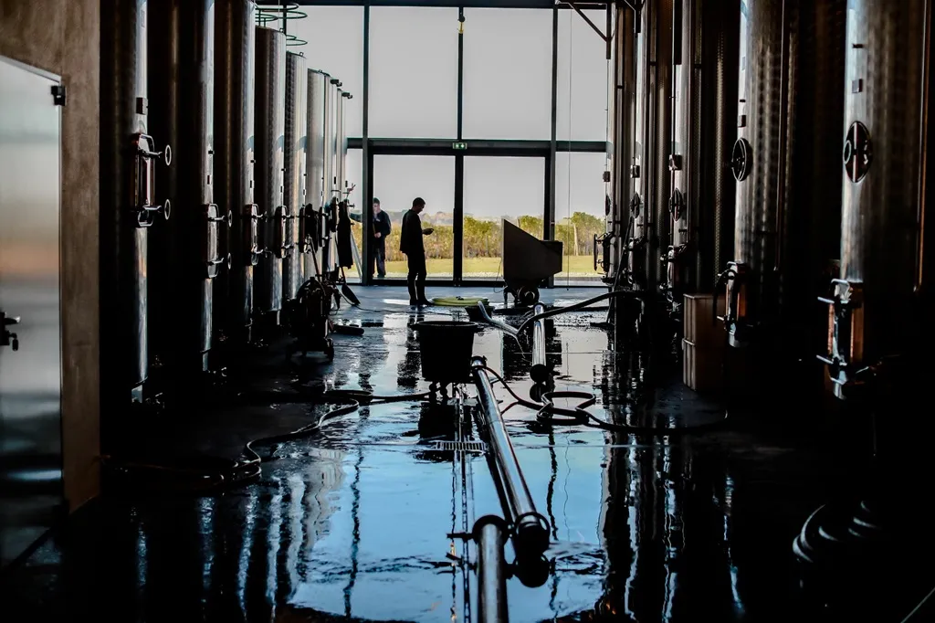 Intérieur d'une cave de vinification au Château Lauduc à Bordeaux, avec des cuves en acier inoxydable alignées de part et d'autre d'une allée humide, deux personnes en arrière-plan près de grandes portes vitrées donnant sur les vignobles.