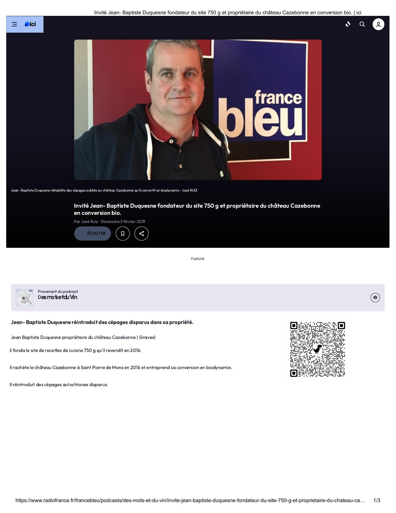 Invité Jean- Baptiste Duquesne fondateur du site 750 g et propriétaire du château Cazebonne en conversion bio.