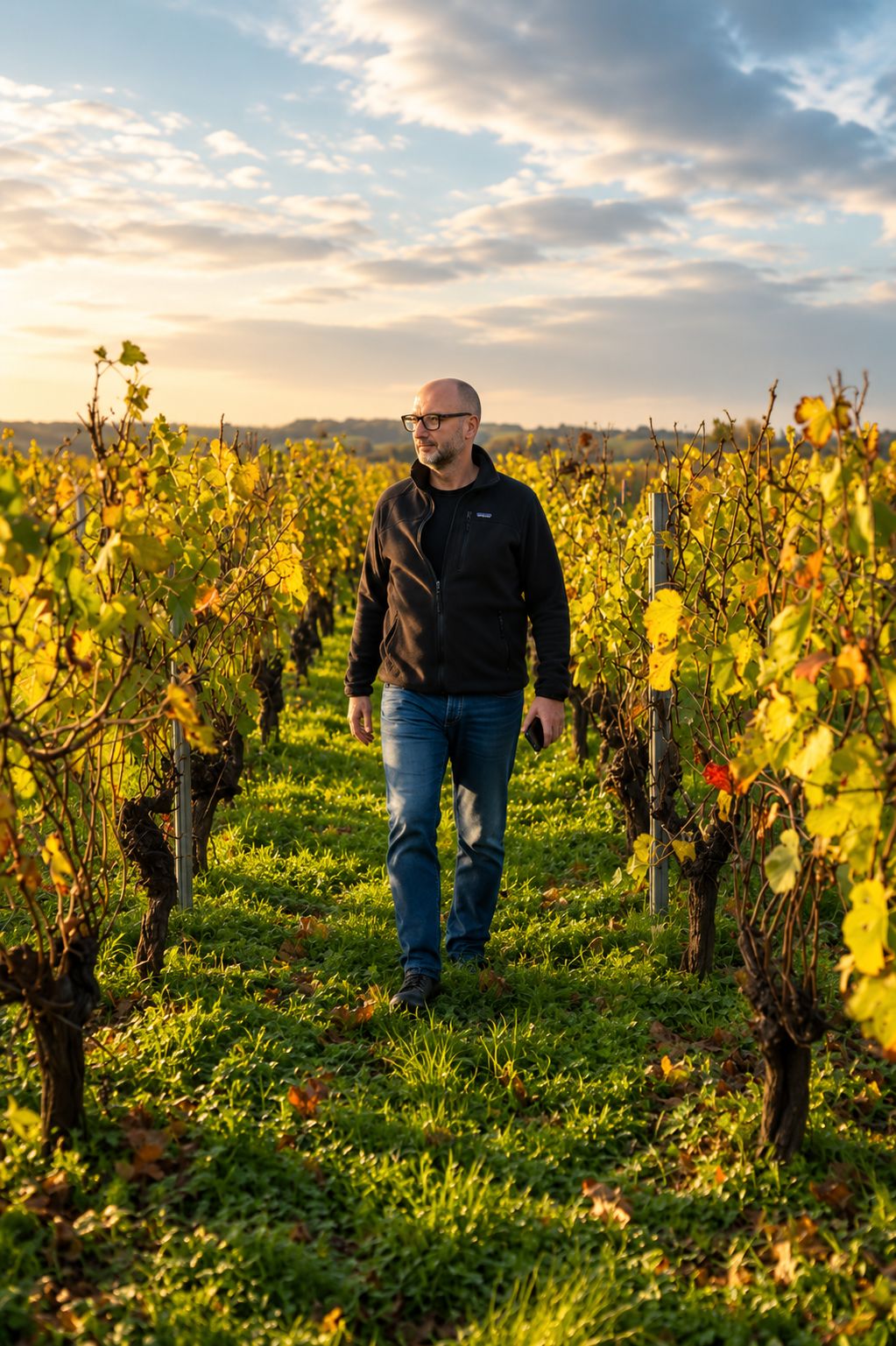 Le vigneron d'EDMUS dans ses vignes au coucher du soleil