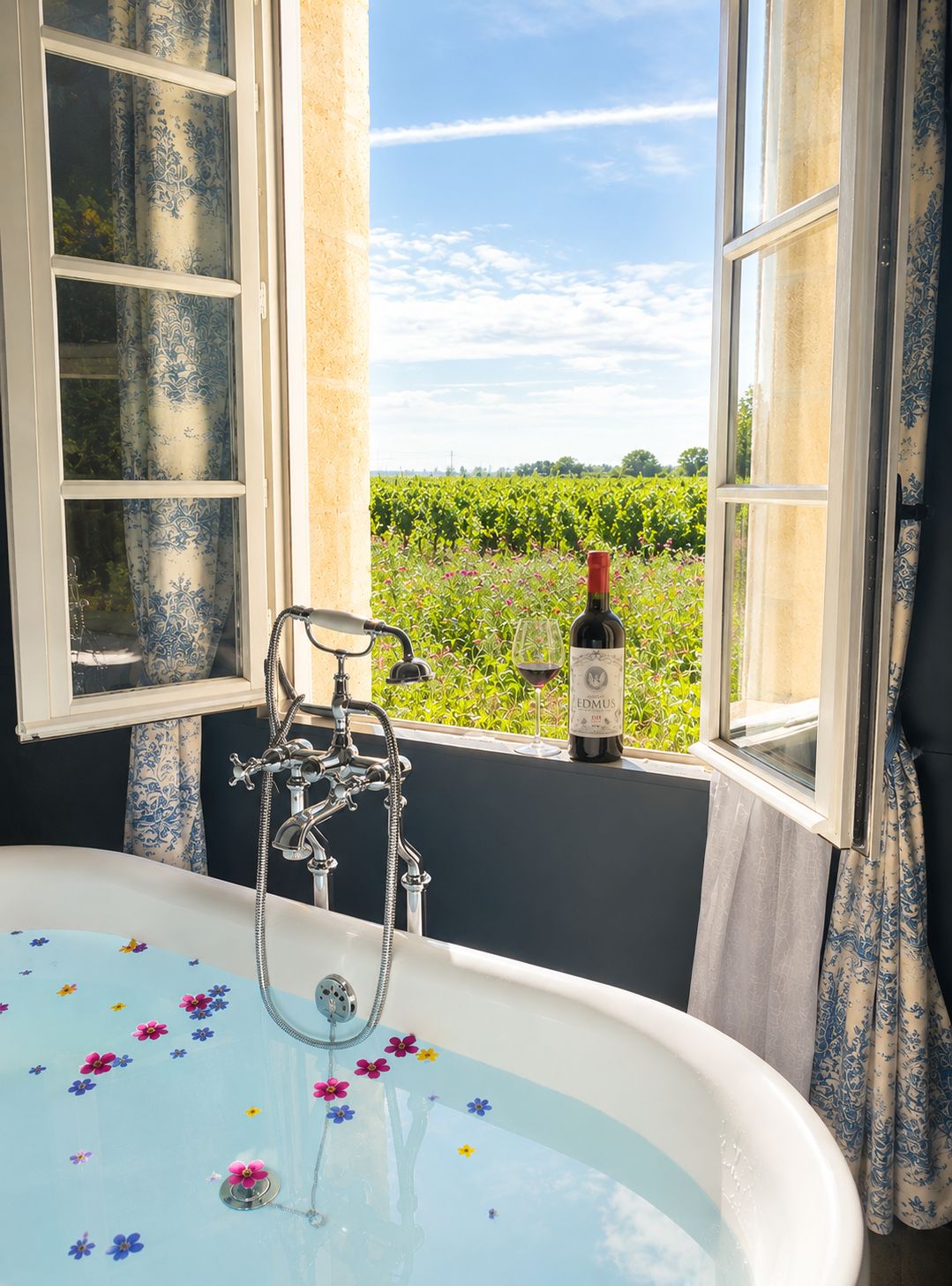 Bain face aux vignes par la fenêtre ouverte du château