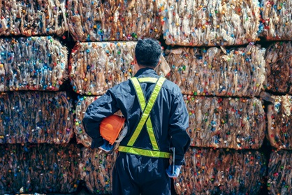 Plastic waste in front of a worker
