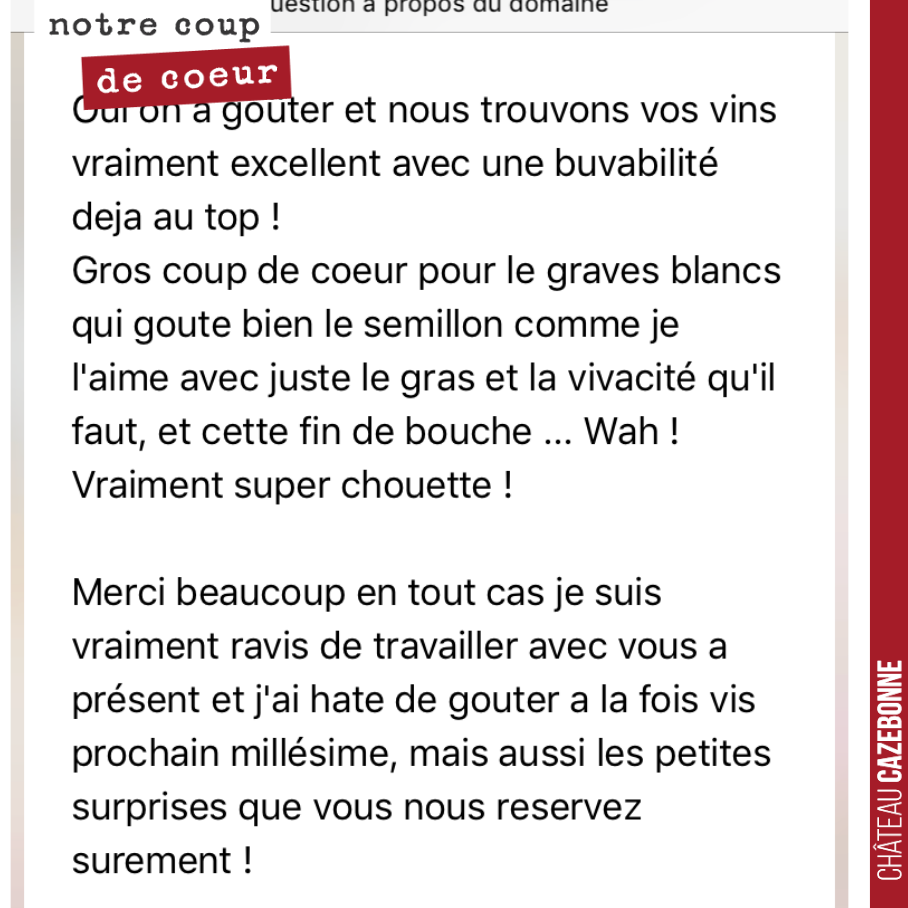 Quand on reçoit ce message de notre premier client professionnel, cela nous regonfle à bloc pour sortir un millésime 2019 de dingue.
Joyeuses fêtes à tous !