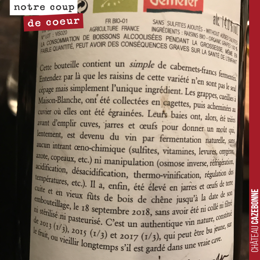 Parmi les vins dégustés ces
jours ci, le Vinum Simplex de Nicolas Despagne à Montagne-Saint-Emilion.
J’adore le principe de sa contre-étiquette qui nous dit tout sur le vin et le millésime.
Le vin,...