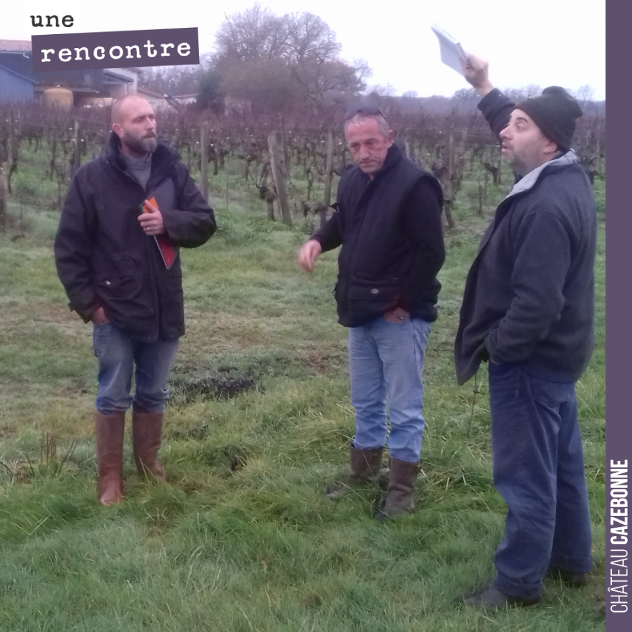 Aujourd’hui, on fait le tour des parcelles pour décider de la stratégie de taille. Olivier nous fait l’honneur, comme chaque année, de venir de Margaux, pour nous donner ses conseils avisés.
Cela v...