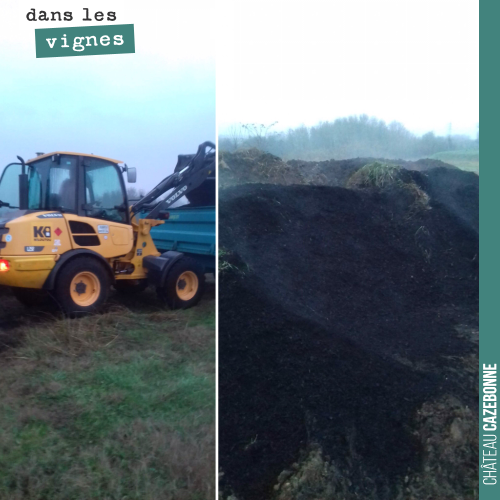 On charge nos derniers tas de composts pour étendre sur notre parcelle de Cazebonne.
L’hiver fera ensuite son travail et au printemps les sols amendés permettront de mieux dynamiser la vie des sols...