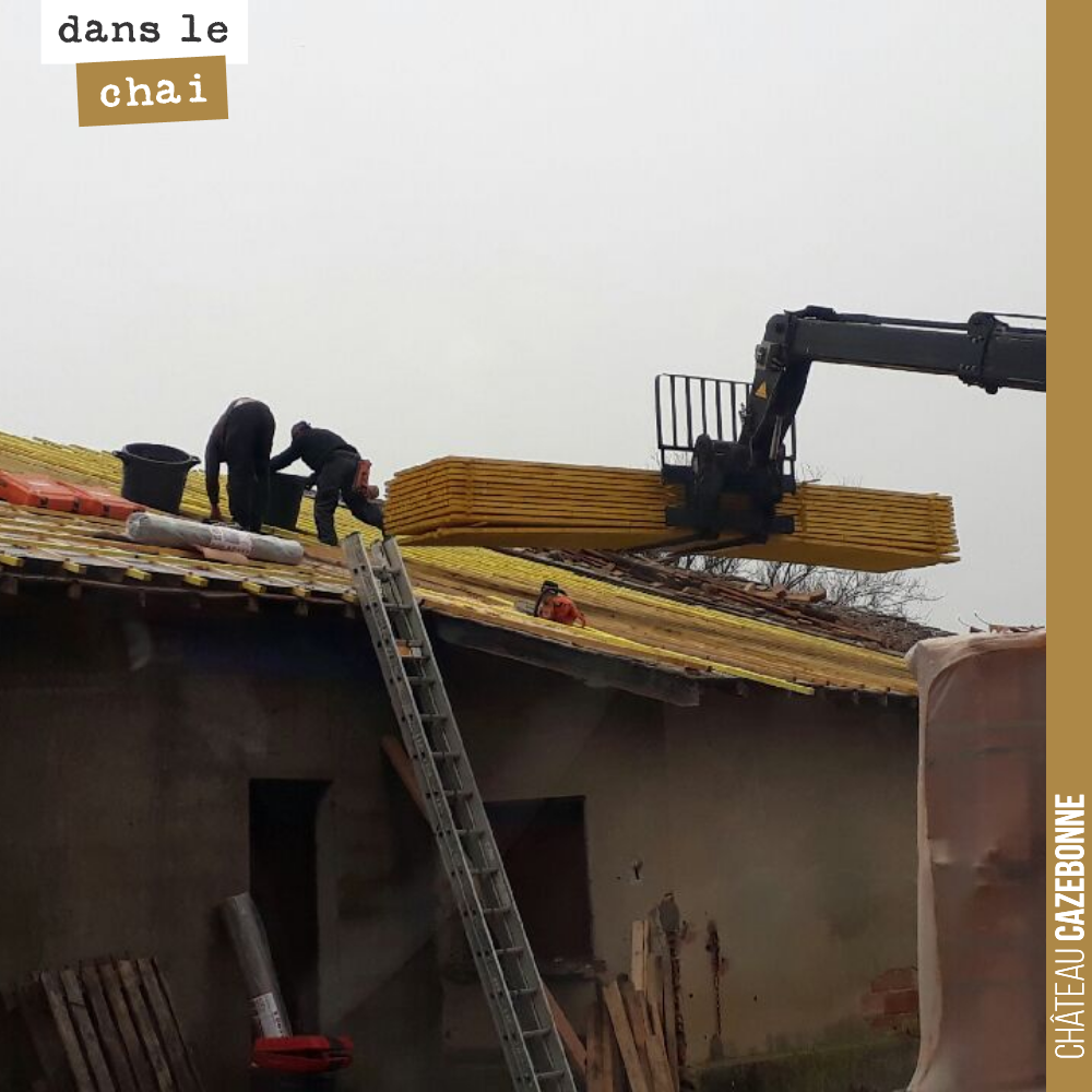 Le chantier de couverture de notre chai d’élevage avance bien.
Les deux tiers des charpentes sont à neuf. Il faudra travailler sur les couvertures et l’isolation.