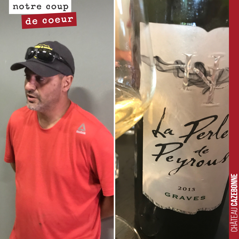 Visite de Fabian au domaine. Il nous a fait déguster son sémillon 2015 élèvé en fût de chêne neuf. Très belle cuvée. Des sémillons riches avec une très belle minéralité.
La perle de Peyrous 2015
C...