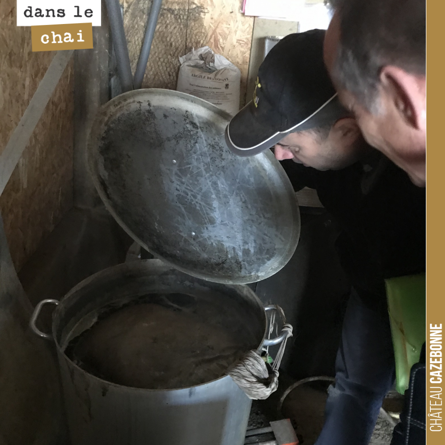 On prépare une tisane de prêle. Nous allons ensuite dynamiser cette préparation avec des lacto-fermentés avant pulvérisation en fin de journée sur l’ensemble de nos vignes.
La prêle va aider la v...