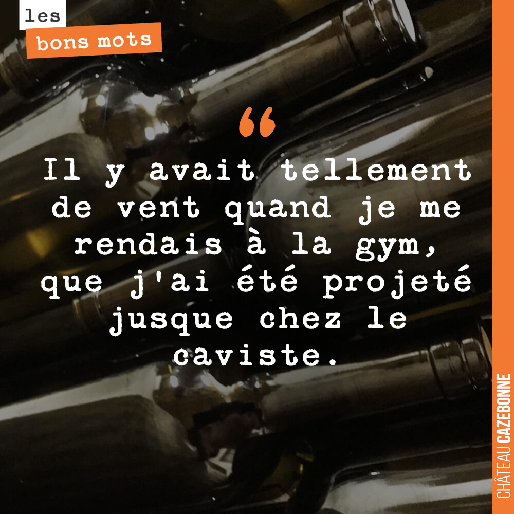 Il y avait tellement de vent quand je me rendais à la gym, que j'ai été projeté jusque chez le caviste.