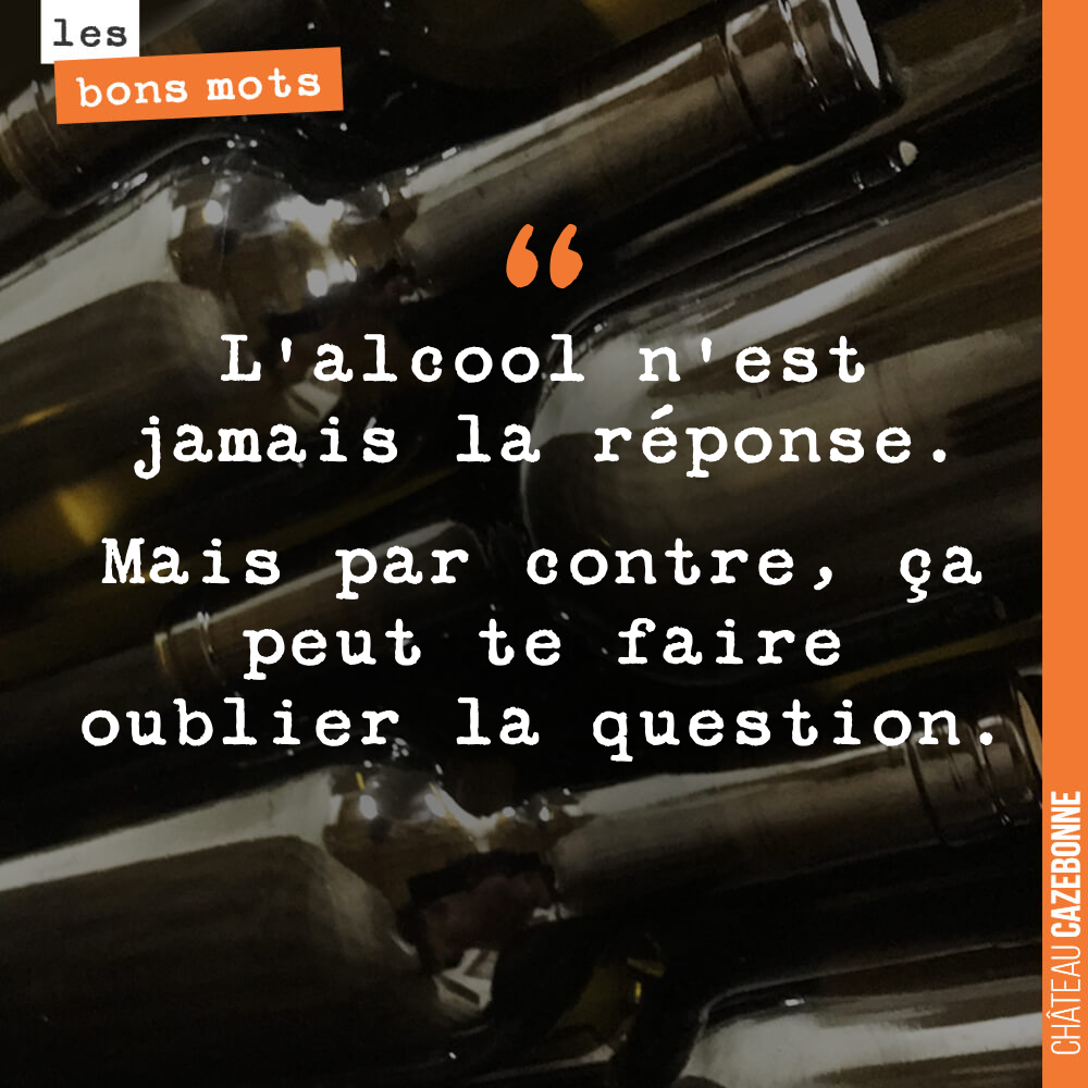 L'alcool n'est jamais la réponse. Mais par contre, ça peut te faire oublier la question.
