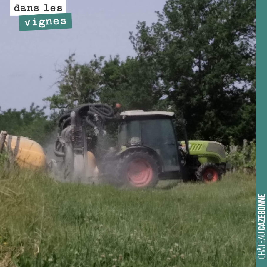 Hier, sixième traitement de l’année. De fortes pluies sont annoncées pour les prochains jours. Il nous fallait absolument passer pour éviter toute contamination de mildiou, a fortiori sur les grapp...