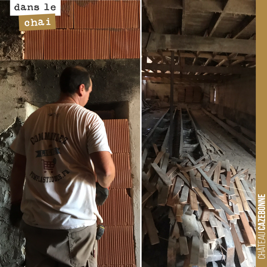 On continue les travaux dans le chai. L’idée est de pouvoir accueillir ici barriques et amphores pour l’élevage de nos meilleures cuvées.
On a hâte !
