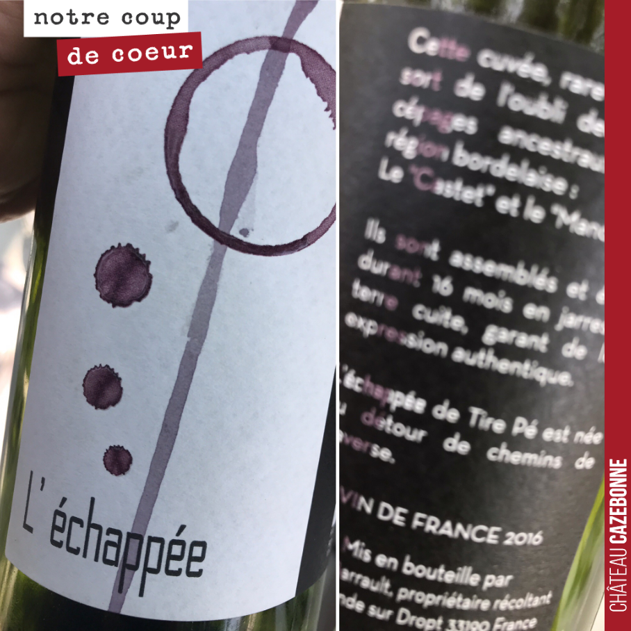 Véritable coup de coeur pour cette cuvée du Château Tire-Pé. Un assemblage de Castets et de Mancin planté sur une très belle parcelle argilo-calcaire très bien exposée.
Nez sur des notes de fruits...