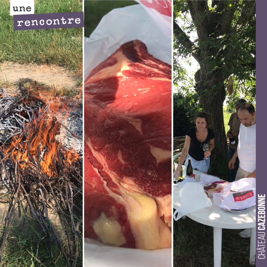 Repas avec toute l’équipe et pour cela, rien ne vaut une belle pièce de bœuf aux sarments de bois.