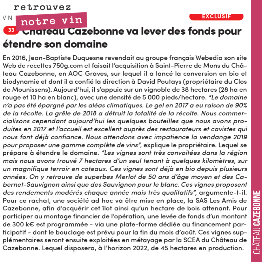 Aquitaine Presse nous fait l’honneur de parler de notre projet de rachat participatif de vignes avec WineFunding. On va ainsi acquérir 7 magnifiques hectares sur un coteau bien exposé.