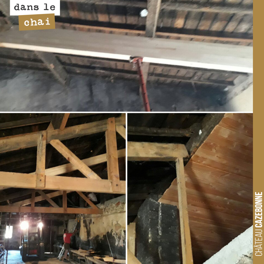 Les travaux révèlent toujours leur lot de surprises. On s’est rendu compte que certaines fermes étaient dans le vide et que les poutres n’étaient plus alors portantes. On étaye et renforce.
On va ...