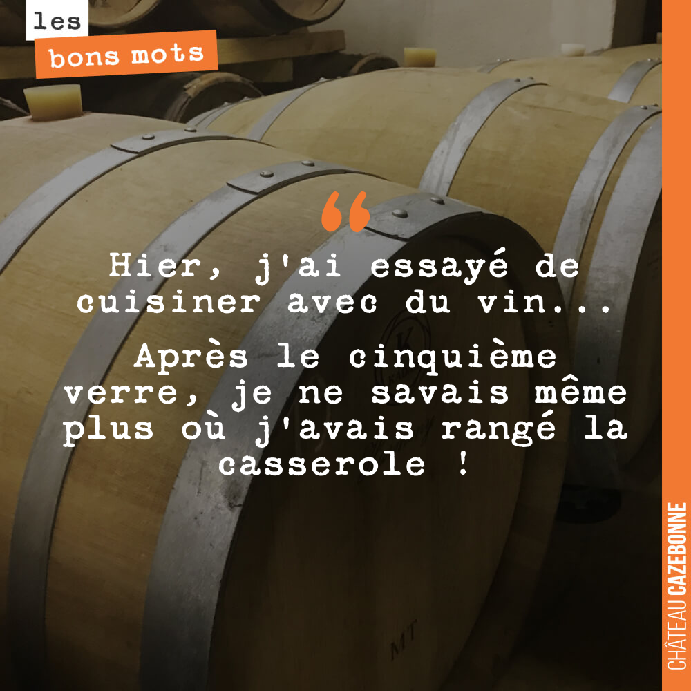 Hier, j'ai essayé de cuisiner avec du vin... Après le cinquième verre, je ne savais même plus où j'avais rangé la casserole !