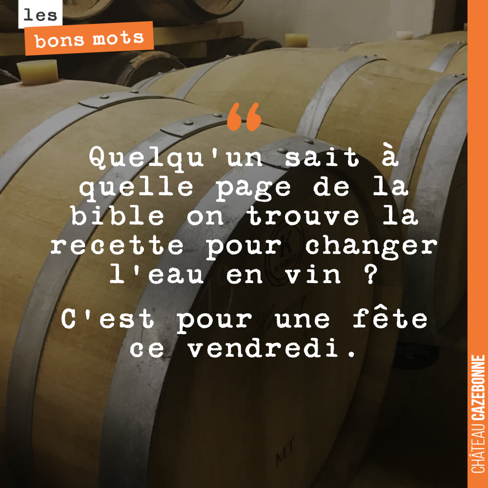 Quelqu'un sait à quelle page de la bible on trouve la recette pour changer l'eau en vin ? C'est pour une fête ce vendredi.