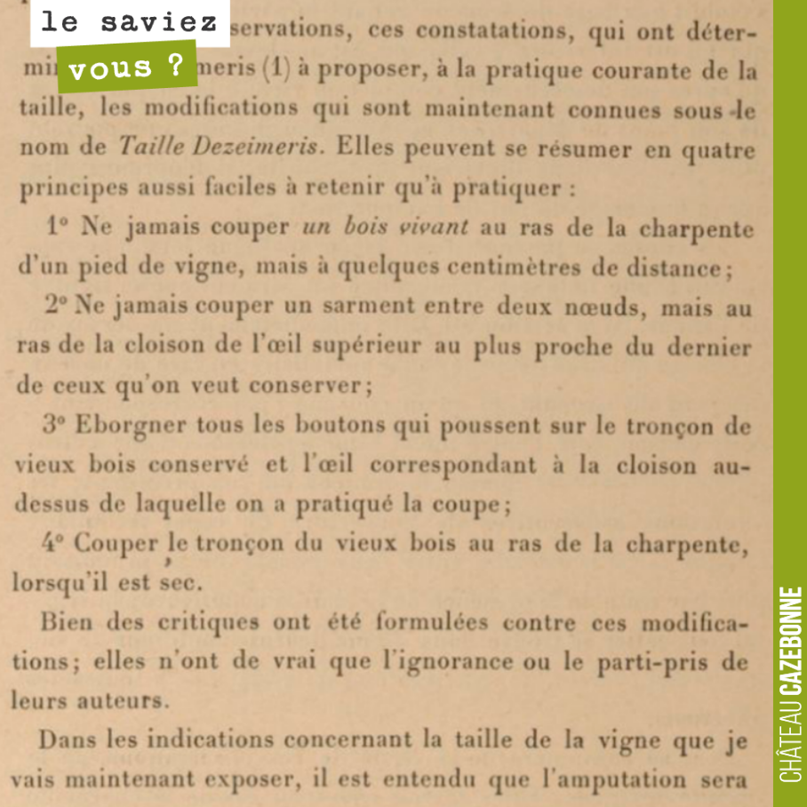 Description de la taille Dezeimeris en 1892.
Déjà les principes de la taille douce et du respect du flux de sève.
Un des grands principes est de faire en sorte que les inévitables plaies de taill...