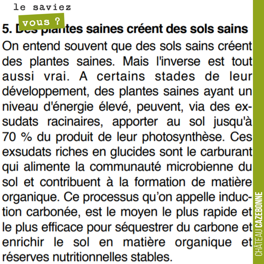 On connaissait la vertu d'un sol pour une plante en bonne santé.
Le saviez vous ? La réciproque est vrai. La plante en meilleure santé, va, par sa photosynthèse, apporter plus de glucides aux bact...