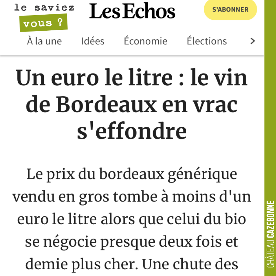 Les vins de Bordeaux vont mal, triste nouvelle. A ce prix là, ils se vendent largement en dessous de leur coût de production.
De nombreuses causes à cela : une surproduction structurelle dans un ...