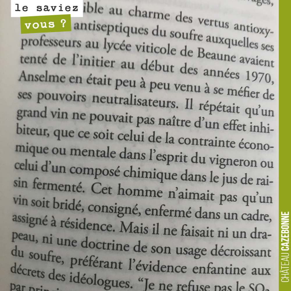 Dans la Théorie de la Bulle Carrée, le rapport de Anselme Selosse au soufre...
Un grand vin ne peut pas naître d'un effet inhibiteur. Le SO2 est parfois nécessaire, mais pas toujours. Eviter les d...