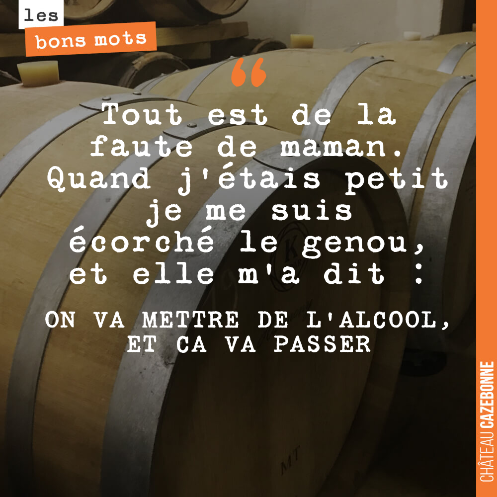Tout est de la faute de maman. Quand j'étais petit je me suis écorché le genou, et elle m'a dit : ON VA METTRE DE L'ALCOOL, ET CA VA PASSER