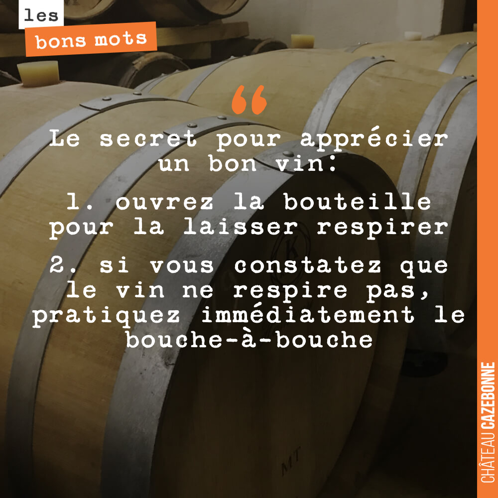 Le secret pour apprécier un bon vin: 1. ouvrez la bouteille pour la laisser respirer 2. si vous constatez que le vin ne respire pas, pratiquez immédiatement le bouche-à-bouche