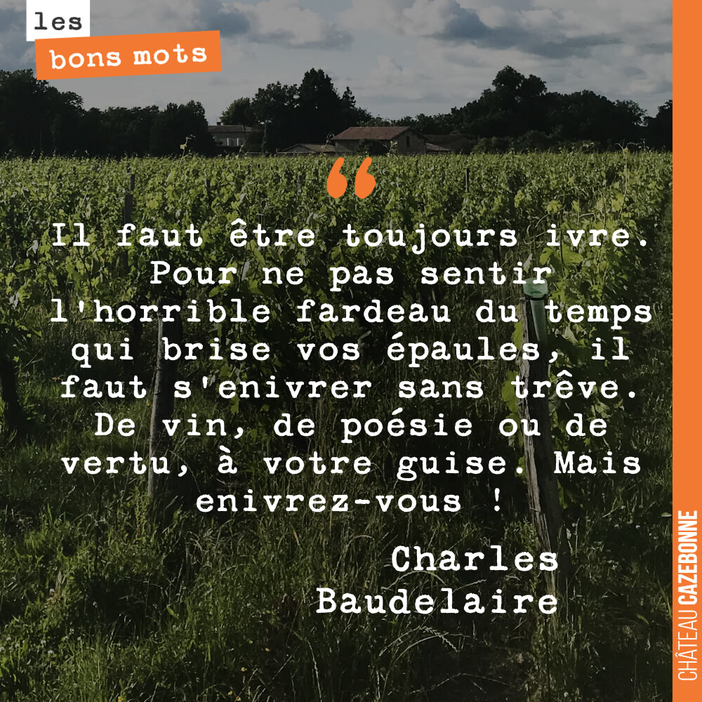Il faut être toujours ivre. Pour ne pas sentir l'horrible fardeau du temps qui brise vos épaules, il faut s'enivrer sans trêve. De vin, de poésie ou de vertu, à votre guise. Mais enivrez-vous !