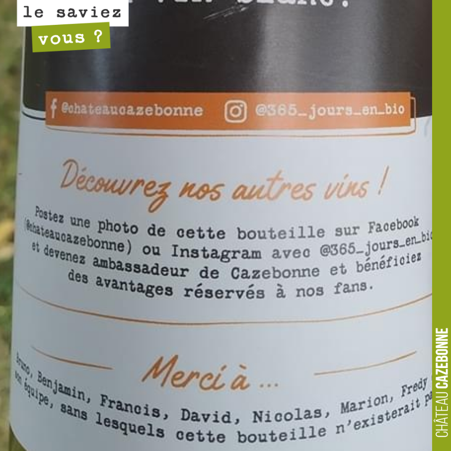 Sur l’ensemble de nos cuvées, nous avons mis le prénom des personnes qui ont travaillé sur le millésime.
La viticulture est un métier qui requiert beaucoup de travail manuel. Sans ces artisans de ...