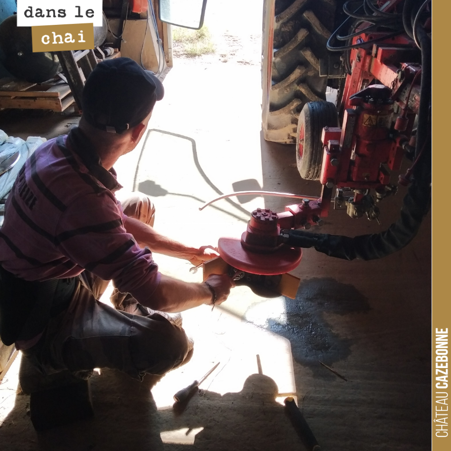 Benjamin dans le chai pour bricoler les outils. Toujours quelque chose à faire : réglages, changer une lame...