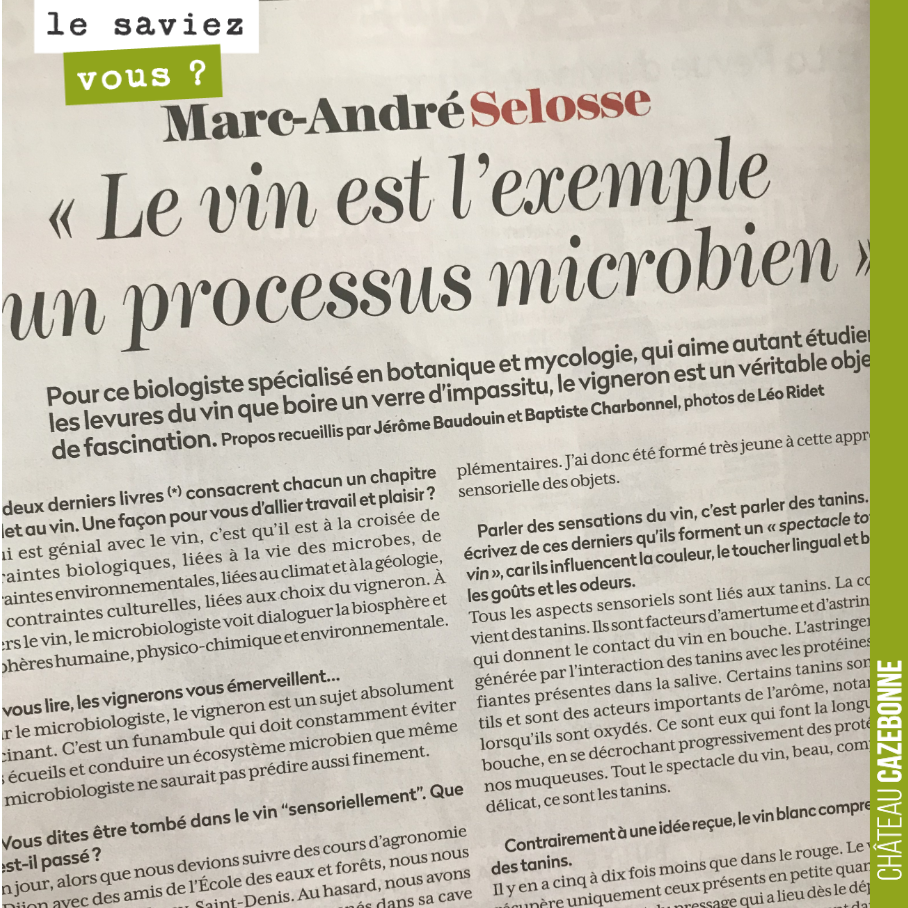 Passionnante interview de Marc-André Selosse dans la RVF du mois de juillet.
Les microbes sont partout dans le monde du vin, dans les sols comme dans le chai.