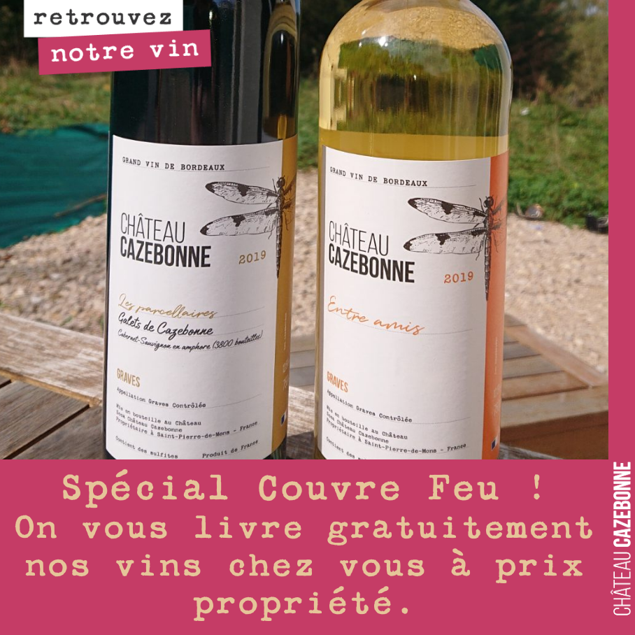 On vous livre gratuitement chez vous nos 11 cuvées, jusqu'au 31 octobre.
Saisir le Code COUVREFEU* sur notre site https://www.laboutiquedecazebonne.com/
Livraison effectuée par nos soins ou par n...