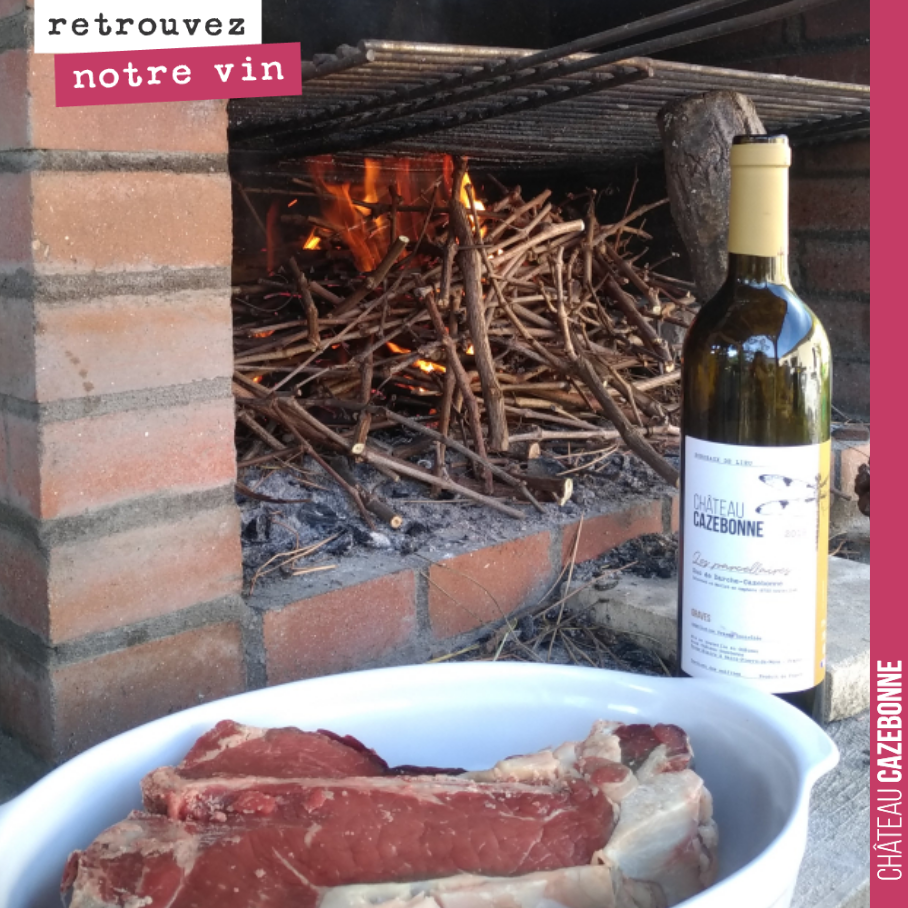 Jamais se laisser abattre. Une bonne cote de bœuf aux sarments avec une bouteille du parcellaire des Galets de Cazebonne.