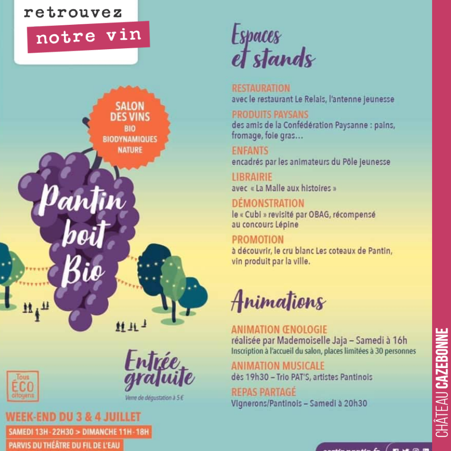 Retrouvez nous les 3 et 4 juillet à Pantin, en plein air, pour déguster 10 cuvées de Cazebonne. L’occasion d’une sortie, l’occasion d’échanger...