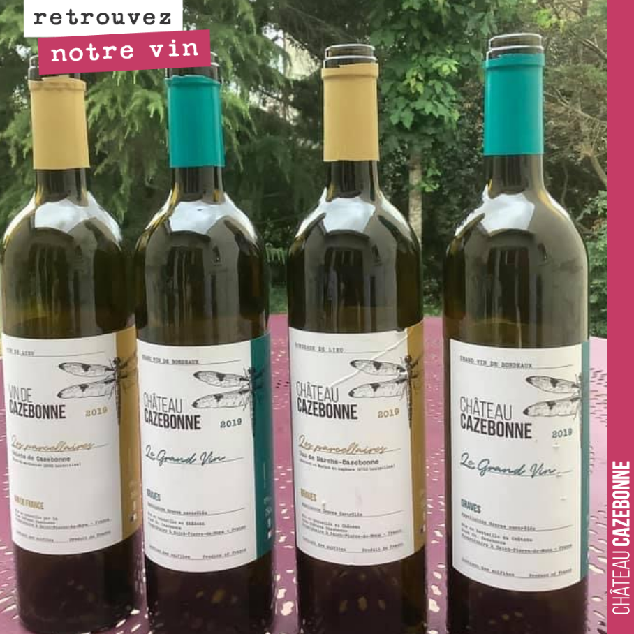 Dégustation de Cazebonne entre amis. Continuez à nous envoyer vos photos. Ici, le grand vin en blanc et rouge, le blanc de macération et Duo de Darche-Cazebonne.
