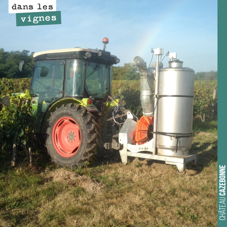 On passe une préparation 501, le matin tôt. Cette préparation de la biodynamie permet d’améliorer les maturités. Cela permettra aussi de maximiser les mises en réserve de la plante avant l’hiver.