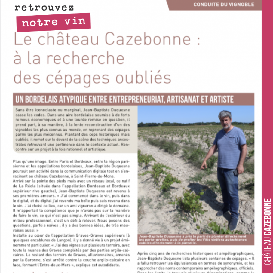 Très bel article dans le journal charentais Le paysan vigneron, sur notre démarche à Cazebonne.
Merci à Florian Toumit d’être venu à notre rencontre en terres de graves.