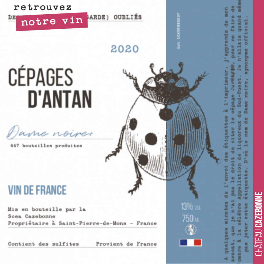 Ça y est !
4 ans de boulot pour sortir nos deux premières cuvées de cépages oubliés de Bordeaux.
Sur la photo, notre cuvée à base de Jurançon noir, ici appelée Dame noire, car la mention de Juran...