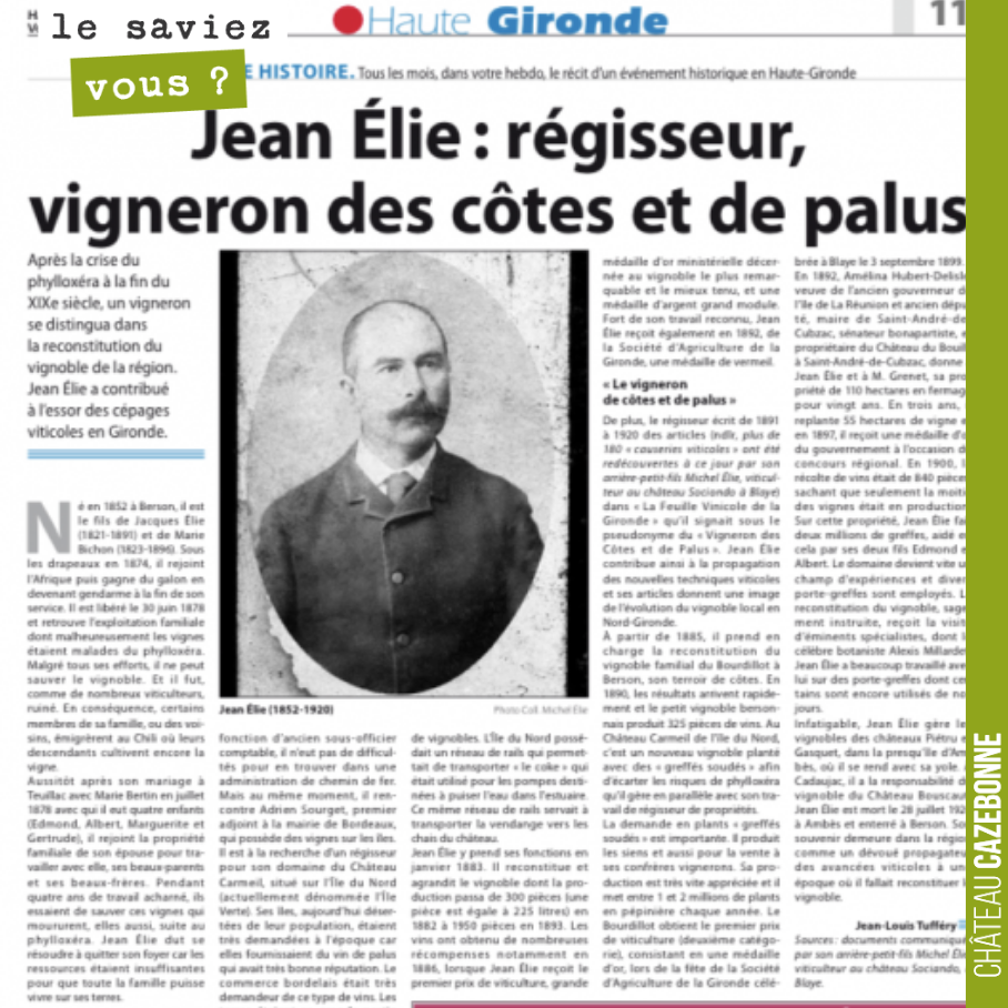 Le passionnant portrait de Jean Elie, ce vigneron hors pair, fervent propagateur des avancées viticoles suite à la crise du phylloxera.
Il est également le créateur du cabernet-malbec par croiseme...