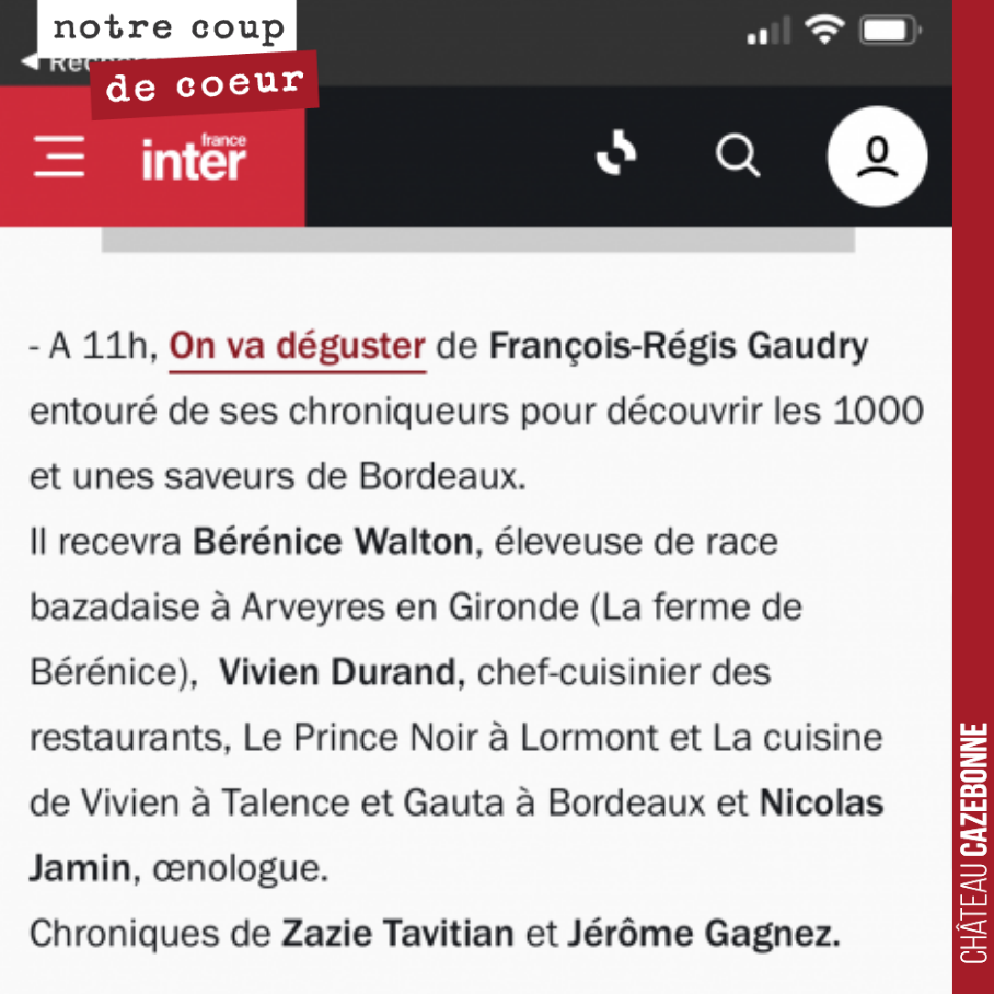 François-Regis Gaudry et toute sa bande de joyeux drilles descendent à Bordeaux ce dimanche pour découvrir les 1001 saveurs bordelaises.
Notre œnologue, Nicolas Jamin, est invité de l’émission et ...