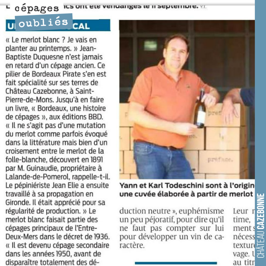 Et si le Merlot blanc revenait sur le devant de la scène ?
Article paru dans Sud-Ouest ce jour, à l’occasion de la mise en marche d’une cuvée de Merlot blanc par les frères Todeschini.
Nous prévoy...