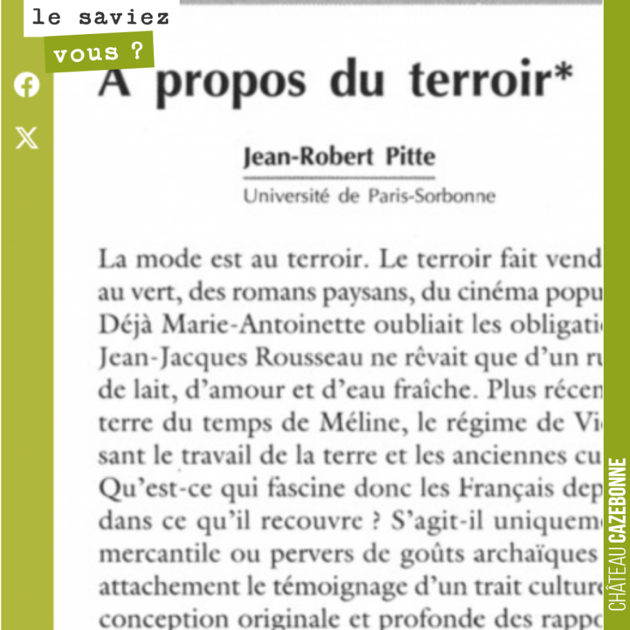 En lisant ce soir quelques billets de @raphael bord sur son blog Les bordures, il mentionne ce texte de Jean-Robert Pitte sur la notion de terroir.
Il nous rappelle que Roger Dion enseignait : ´Le ...