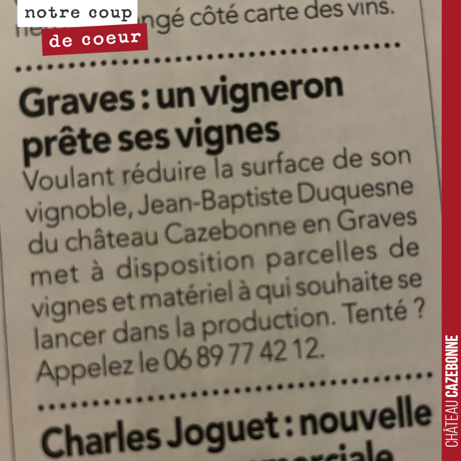 Merci à la RVF pour cet insert dans son numéro de mars 2026.
Je confirme que nous avons encore quelques hectares qui sont à disposition d’un porteur de projet.
Vignes mise à disposition gratuitem...