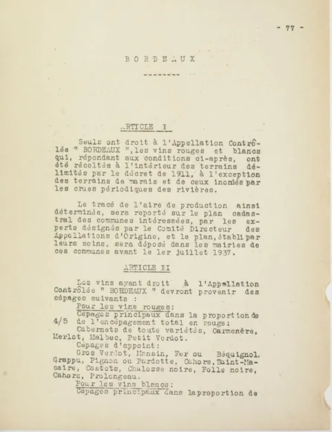 Cahier des charges des AOC Bordeaux en 1935