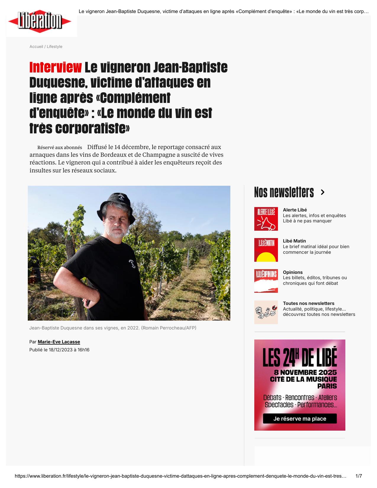 Le vigneron Jean-Baptiste Duquesne, victime d’attaques en ligne après «Complément d’enquête» : «Le monde du vin est très corporatiste»